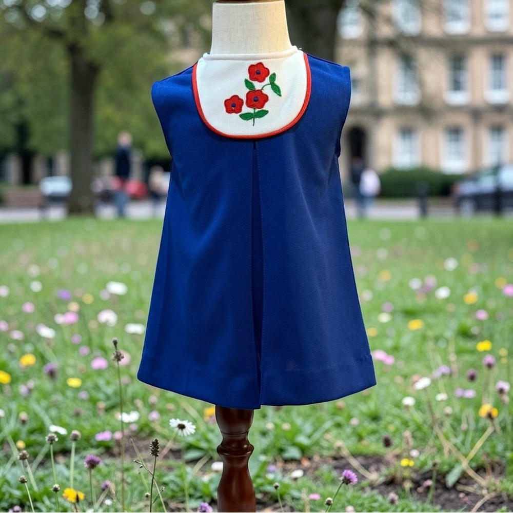 Vintage Navy Girls Dress & Coat Set Embroidered Floral Collar Classic 24M/2T - Picture 2 of 12